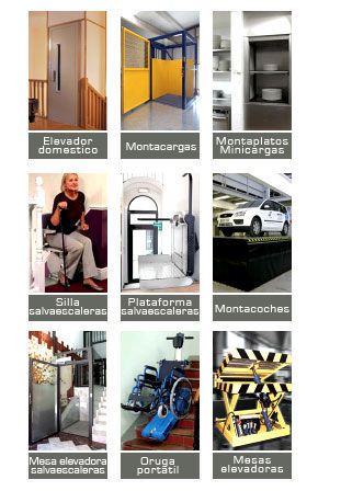 Mapa de imgenes. Pulsa en cada uno de los productos: elevador celsus, montacargas, montaplatos, silla salvaescaleras, plataforma salvaescaleras, montacoches, mesa salvaescaleras, oruga portatil, tijeras hidraulicas, estructura autoportante, gruas piscina, sistemas de parking.